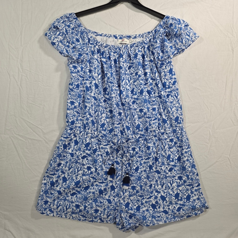 Vineyard Vines Sea Life Tassel Romper XL Blue White Cotton Coastal Nautical
